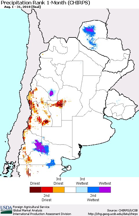 Southern South America Precipitation Rank since 1981, 1-Month (CHIRPS) Thematic Map For 8/1/2018 - 8/31/2018