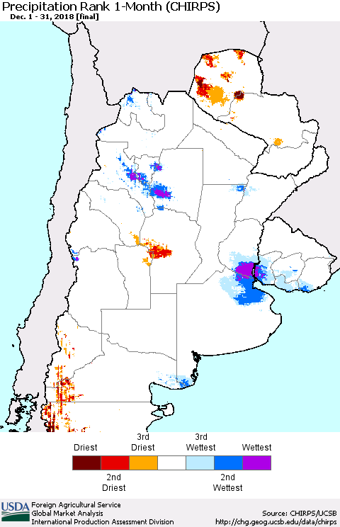 Southern South America Precipitation Rank since 1981, 1-Month (CHIRPS) Thematic Map For 12/1/2018 - 12/31/2018