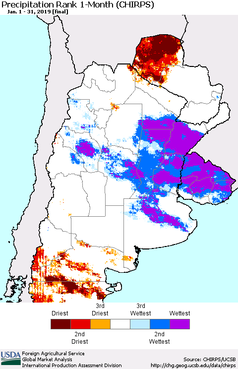 Southern South America Precipitation Rank since 1981, 1-Month (CHIRPS) Thematic Map For 1/1/2019 - 1/31/2019