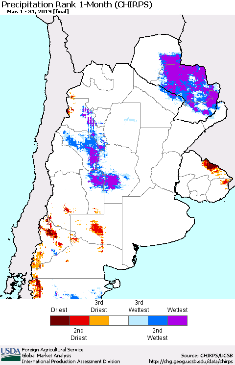 Southern South America Precipitation Rank since 1981, 1-Month (CHIRPS) Thematic Map For 3/1/2019 - 3/31/2019