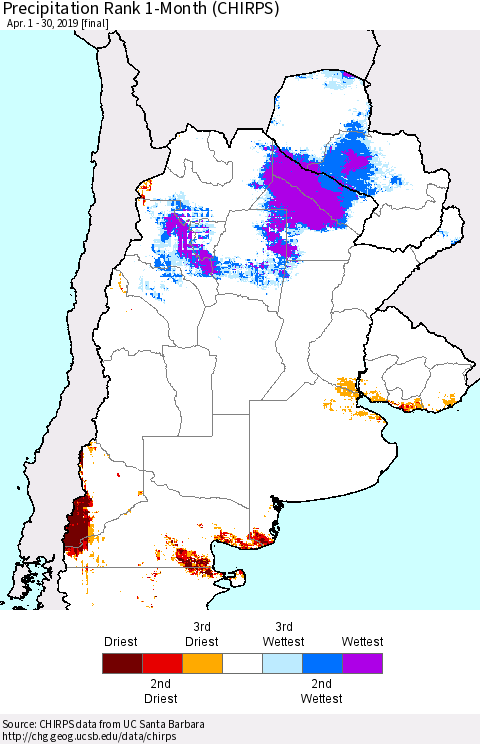 Southern South America Precipitation Rank since 1981, 1-Month (CHIRPS) Thematic Map For 4/1/2019 - 4/30/2019