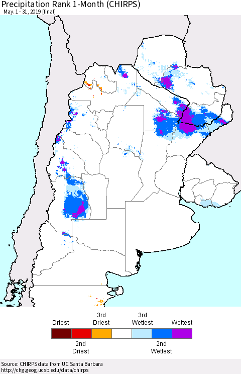 Southern South America Precipitation Rank since 1981, 1-Month (CHIRPS) Thematic Map For 5/1/2019 - 5/31/2019