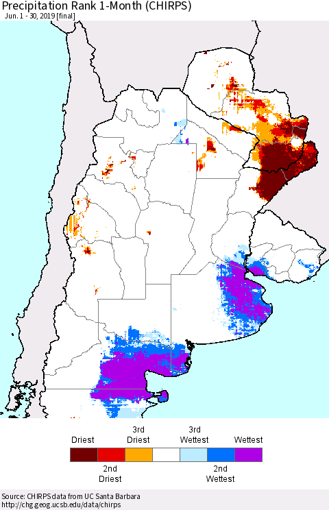 Southern South America Precipitation Rank since 1981, 1-Month (CHIRPS) Thematic Map For 6/1/2019 - 6/30/2019