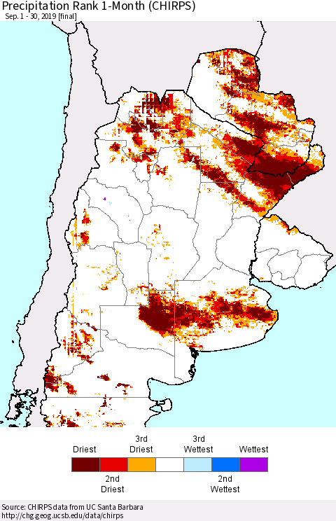 Southern South America Precipitation Rank since 1981, 1-Month (CHIRPS) Thematic Map For 9/1/2019 - 9/30/2019