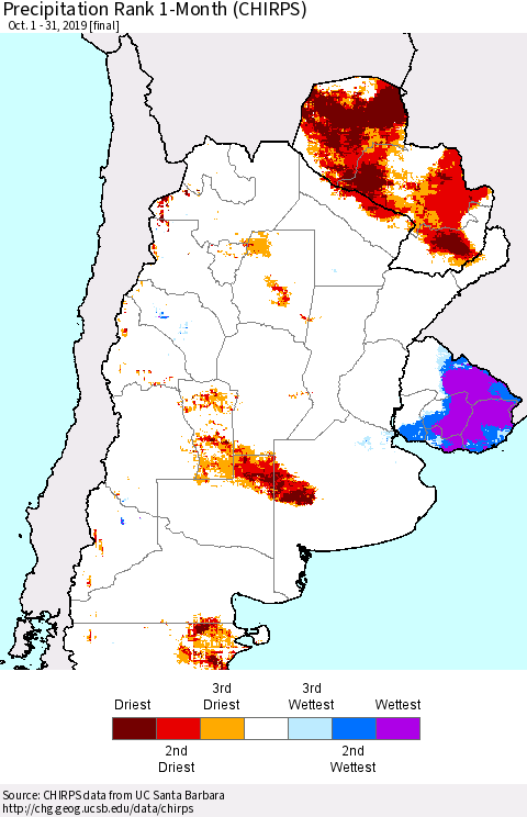 Southern South America Precipitation Rank since 1981, 1-Month (CHIRPS) Thematic Map For 10/1/2019 - 10/31/2019