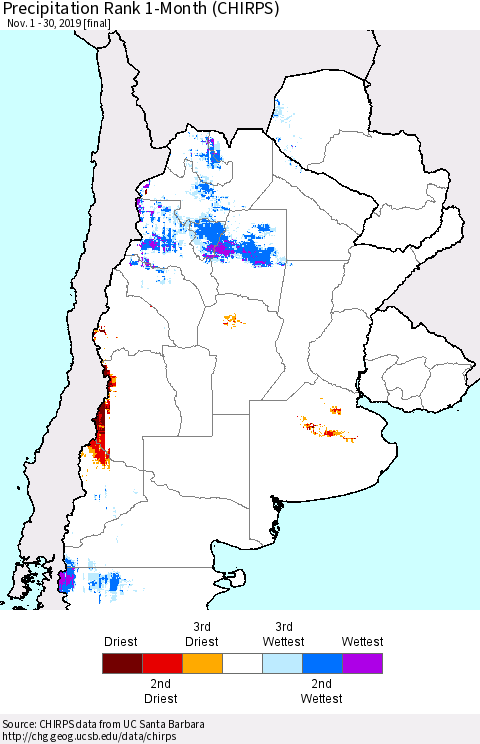 Southern South America Precipitation Rank since 1981, 1-Month (CHIRPS) Thematic Map For 11/1/2019 - 11/30/2019