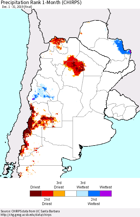 Southern South America Precipitation Rank since 1981, 1-Month (CHIRPS) Thematic Map For 12/1/2019 - 12/31/2019