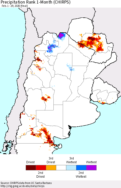Southern South America Precipitation Rank since 1981, 1-Month (CHIRPS) Thematic Map For 2/1/2020 - 2/29/2020