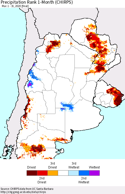 Southern South America Precipitation Rank since 1981, 1-Month (CHIRPS) Thematic Map For 3/1/2020 - 3/31/2020