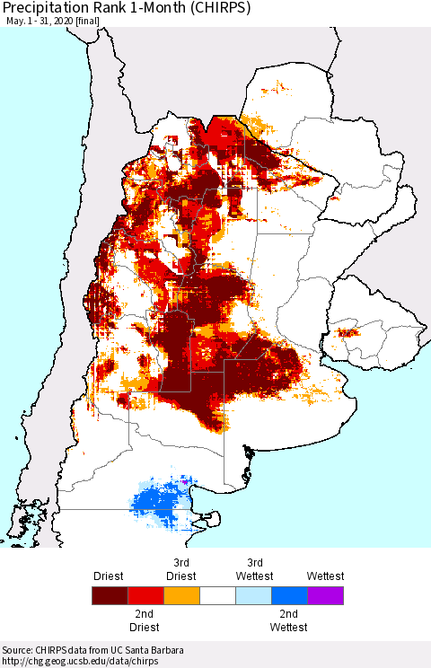 Southern South America Precipitation Rank since 1981, 1-Month (CHIRPS) Thematic Map For 5/1/2020 - 5/31/2020
