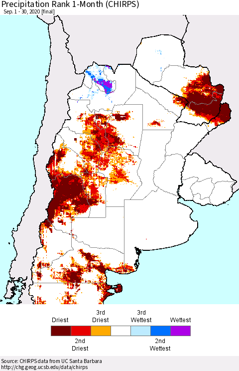 Southern South America Precipitation Rank 1-Month (CHIRPS) Thematic Map For 9/1/2020 - 9/30/2020