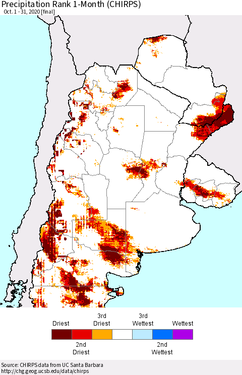 Southern South America Precipitation Rank 1-Month (CHIRPS) Thematic Map For 10/1/2020 - 10/31/2020