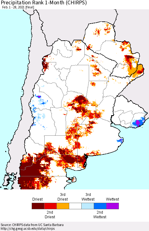 Southern South America Precipitation Rank 1-Month (CHIRPS) Thematic Map For 2/1/2021 - 2/28/2021