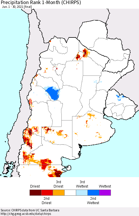 Southern South America Precipitation Rank 1-Month (CHIRPS) Thematic Map For 6/1/2021 - 6/30/2021