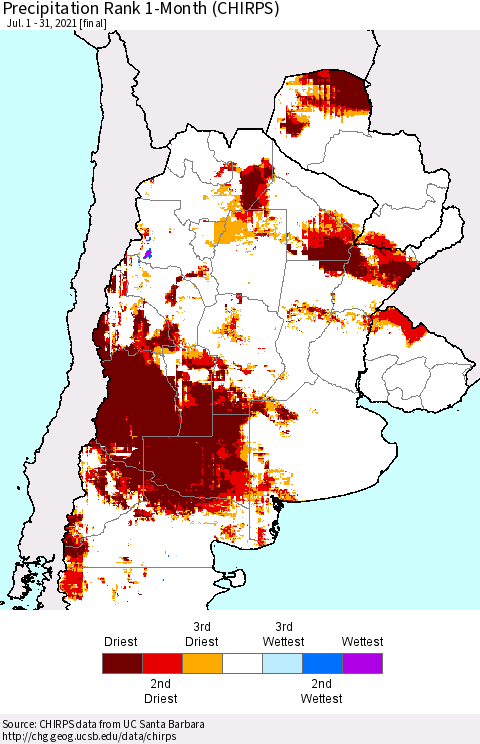 Southern South America Precipitation Rank 1-Month (CHIRPS) Thematic Map For 7/1/2021 - 7/31/2021