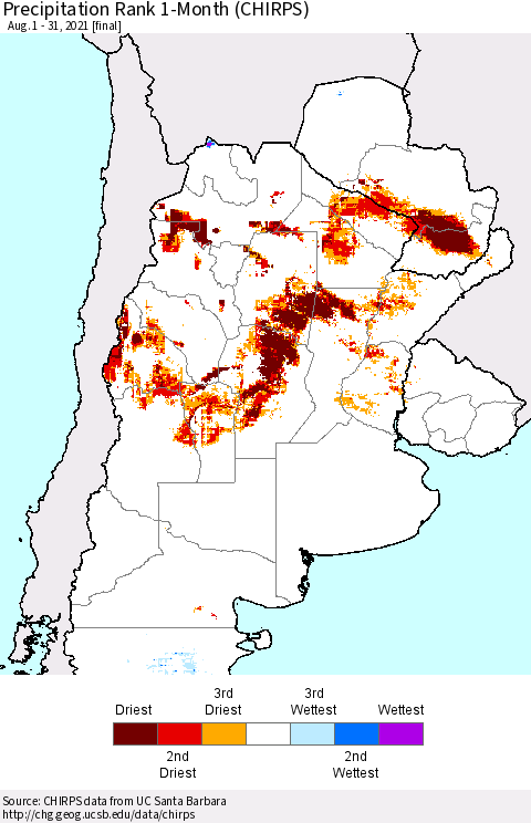Southern South America Precipitation Rank 1-Month (CHIRPS) Thematic Map For 8/1/2021 - 8/31/2021