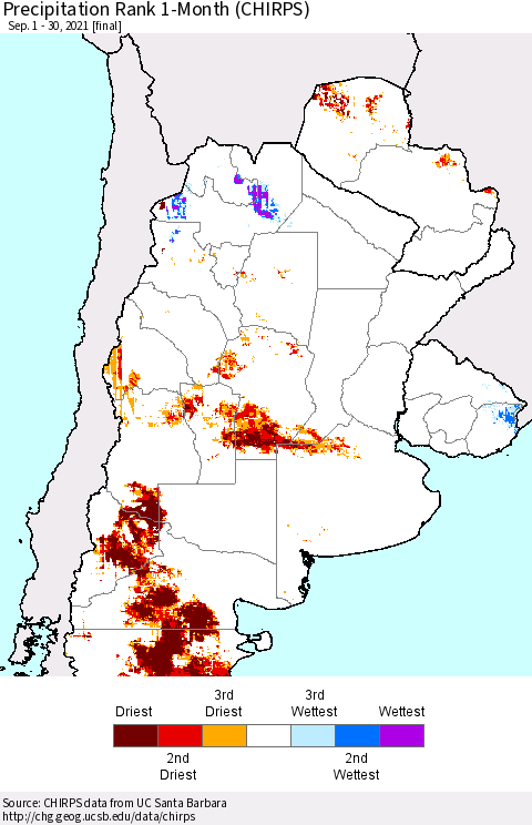Southern South America Precipitation Rank 1-Month (CHIRPS) Thematic Map For 9/1/2021 - 9/30/2021