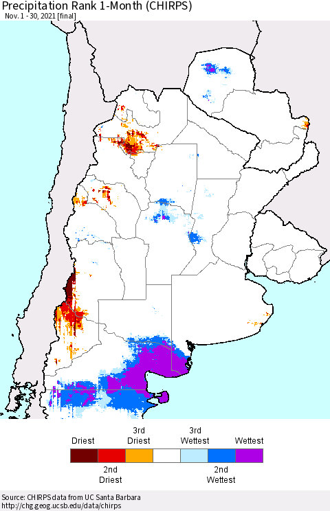 Southern South America Precipitation Rank since 1981, 1-Month (CHIRPS) Thematic Map For 11/1/2021 - 11/30/2021