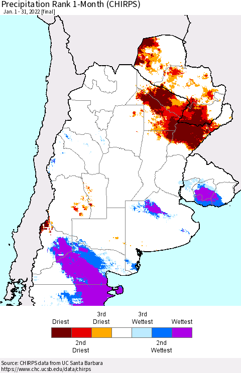 Southern South America Precipitation Rank 1-Month (CHIRPS) Thematic Map For 1/1/2022 - 1/31/2022