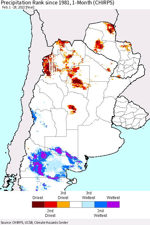 Southern South America Precipitation Rank since 1981, 1-Month (CHIRPS) Thematic Map For 2/1/2022 - 2/28/2022