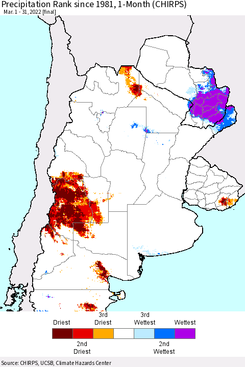 Southern South America Precipitation Rank since 1981, 1-Month (CHIRPS) Thematic Map For 3/1/2022 - 3/31/2022