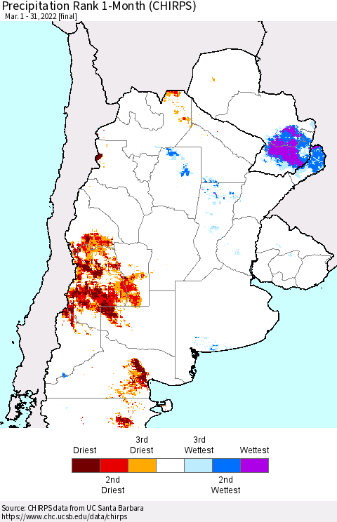 Southern South America Precipitation Rank since 1981, 1-Month (CHIRPS) Thematic Map For 3/1/2022 - 3/31/2022