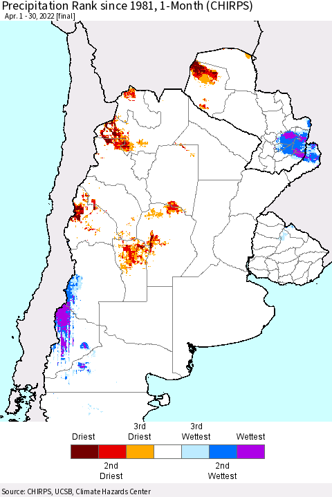 Southern South America Precipitation Rank since 1981, 1-Month (CHIRPS) Thematic Map For 4/1/2022 - 4/30/2022