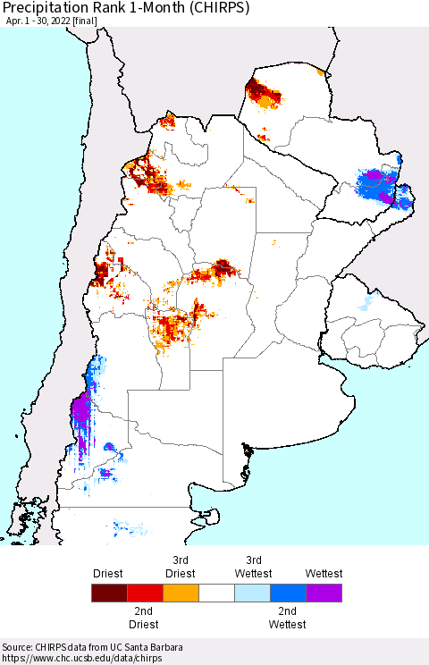Southern South America Precipitation Rank since 1981, 1-Month (CHIRPS) Thematic Map For 4/1/2022 - 4/30/2022