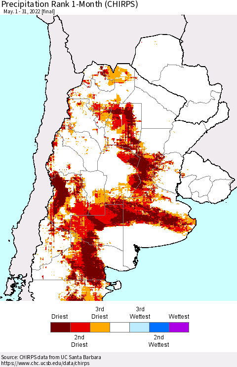 Southern South America Precipitation Rank since 1981, 1-Month (CHIRPS) Thematic Map For 5/1/2022 - 5/31/2022
