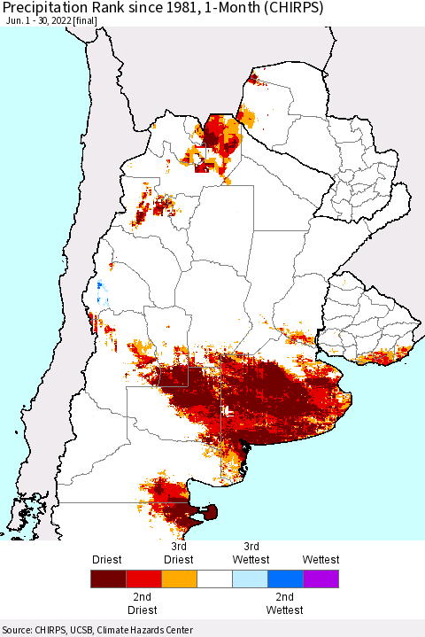 Southern South America Precipitation Rank since 1981, 1-Month (CHIRPS) Thematic Map For 6/1/2022 - 6/30/2022