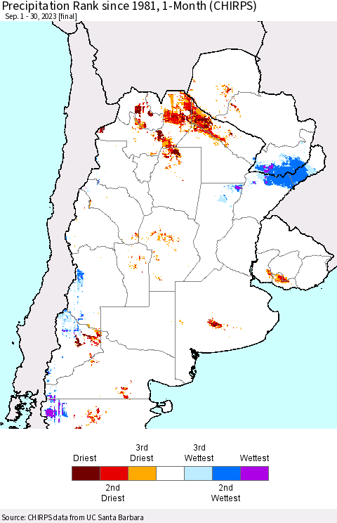 Southern South America Precipitation Rank since 1981, 1-Month (CHIRPS) Thematic Map For 9/1/2023 - 9/30/2023