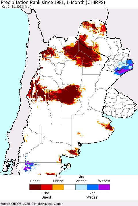 Southern South America Precipitation Rank since 1981, 1-Month (CHIRPS) Thematic Map For 10/1/2023 - 10/31/2023
