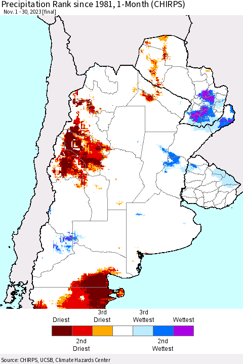 Southern South America Precipitation Rank since 1981, 1-Month (CHIRPS) Thematic Map For 11/1/2023 - 11/30/2023