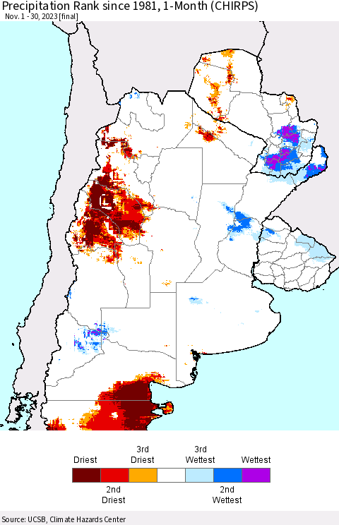 Southern South America Precipitation Rank since 1981, 1-Month (CHIRPS) Thematic Map For 11/1/2023 - 11/30/2023