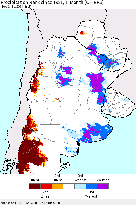 Southern South America Precipitation Rank since 1981, 1-Month (CHIRPS) Thematic Map For 12/1/2023 - 12/31/2023