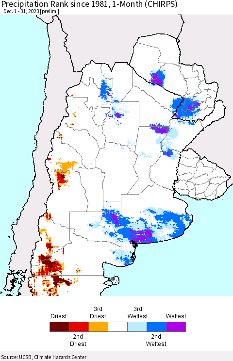 Southern South America Precipitation Rank since 1981, 1-Month (CHIRPS) Thematic Map For 12/1/2023 - 12/31/2023