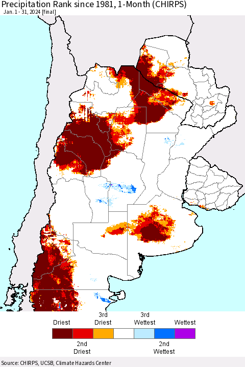 Southern South America Precipitation Rank since 1981, 1-Month (CHIRPS) Thematic Map For 1/1/2024 - 1/31/2024