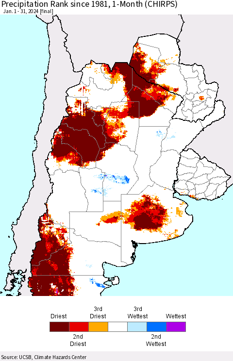 Southern South America Precipitation Rank since 1981, 1-Month (CHIRPS) Thematic Map For 1/1/2024 - 1/31/2024