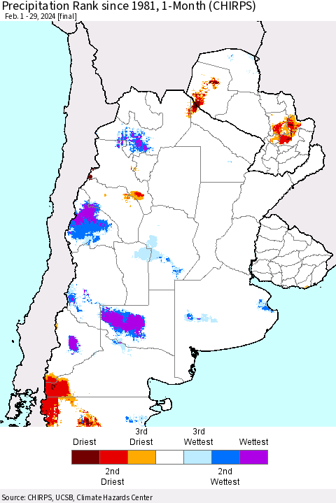 Southern South America Precipitation Rank since 1981, 1-Month (CHIRPS) Thematic Map For 2/1/2024 - 2/29/2024