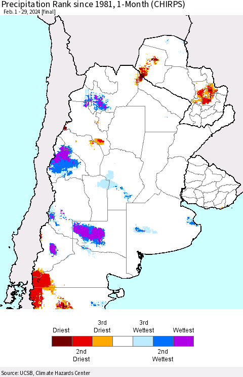 Southern South America Precipitation Rank since 1981, 1-Month (CHIRPS) Thematic Map For 2/1/2024 - 2/29/2024