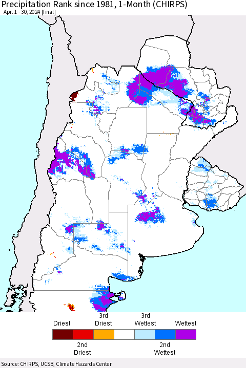 Southern South America Precipitation Rank since 1981, 1-Month (CHIRPS) Thematic Map For 4/1/2024 - 4/30/2024