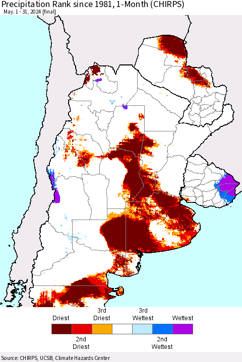 Southern South America Precipitation Rank since 1981, 1-Month (CHIRPS) Thematic Map For 5/1/2024 - 5/31/2024