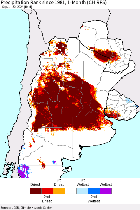Southern South America Precipitation Rank since 1981, 1-Month (CHIRPS) Thematic Map For 9/1/2024 - 9/30/2024