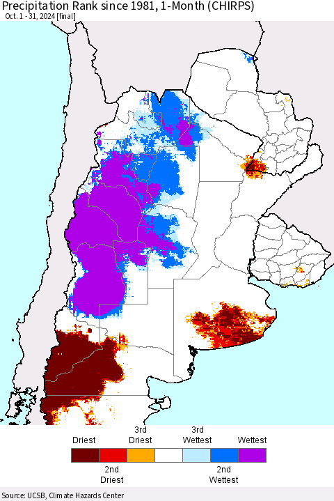 Southern South America Precipitation Rank since 1981, 1-Month (CHIRPS) Thematic Map For 10/1/2024 - 10/31/2024