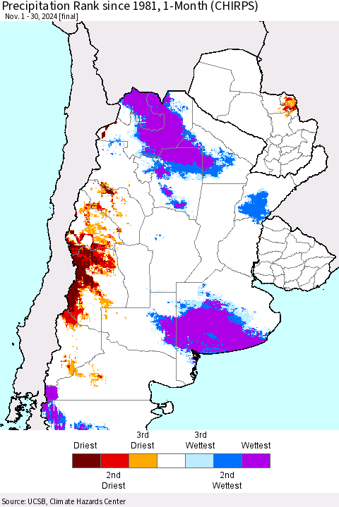 Southern South America Precipitation Rank since 1981, 1-Month (CHIRPS) Thematic Map For 11/1/2024 - 11/30/2024