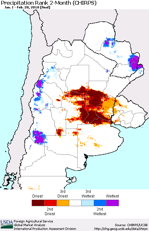 Southern South America Precipitation Rank since 1981, 2-Month (CHIRPS) Thematic Map For 1/1/2018 - 2/28/2018