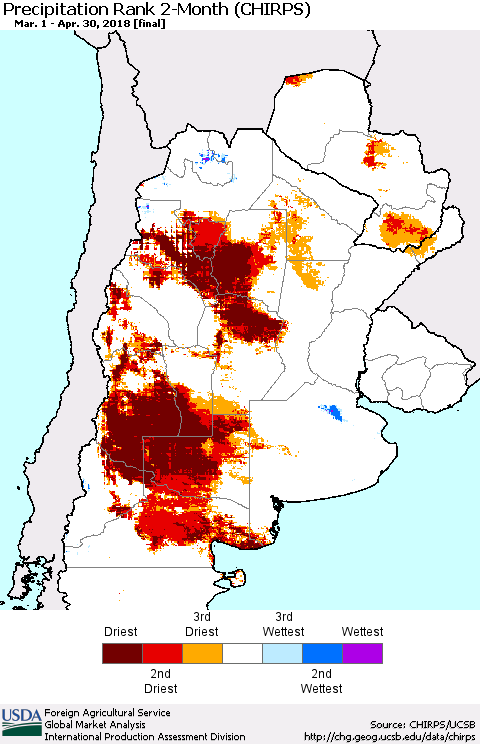 Southern South America Precipitation Rank since 1981, 2-Month (CHIRPS) Thematic Map For 3/1/2018 - 4/30/2018