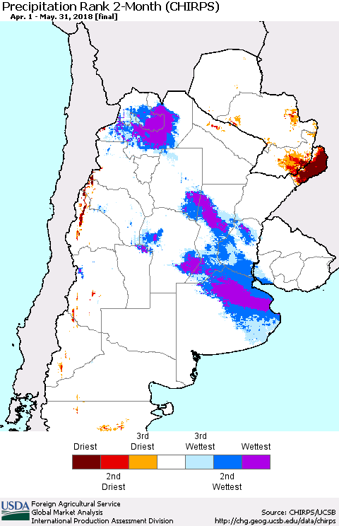Southern South America Precipitation Rank since 1981, 2-Month (CHIRPS) Thematic Map For 4/1/2018 - 5/31/2018