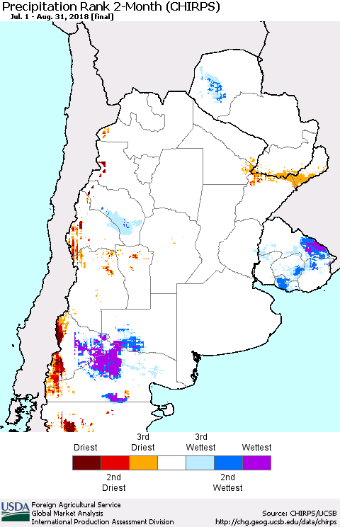 Southern South America Precipitation Rank since 1981, 2-Month (CHIRPS) Thematic Map For 7/1/2018 - 8/31/2018