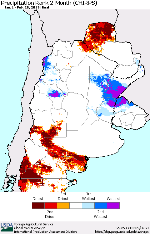 Southern South America Precipitation Rank since 1981, 2-Month (CHIRPS) Thematic Map For 1/1/2019 - 2/28/2019